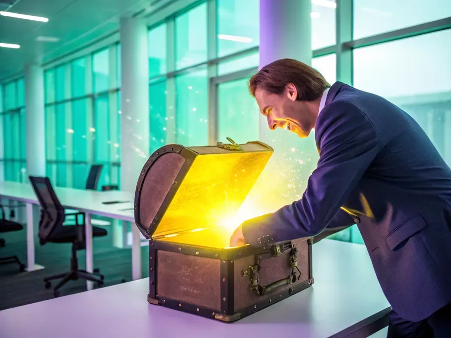 Businessman opening a glowing treasure chest in an office setting, symbolizing the discovery of valuable intangible assets like goodwill in accounting