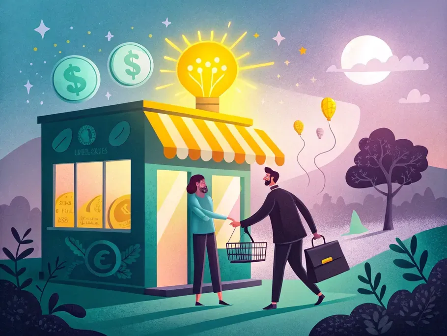 Illustration of two businessmen exchanging a shopping basket with a light bulb idea symbolizing goodwill in an acquisition