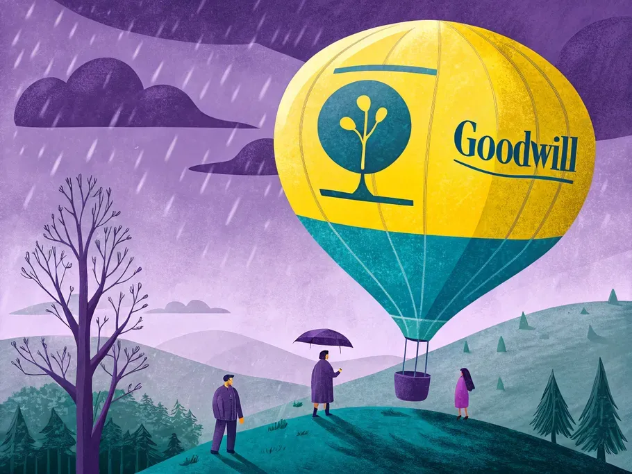 Illustration of a large yellow hot air balloon with 'Goodwill' written on it, rising above a landscape with three people observing from below in a rainy setting