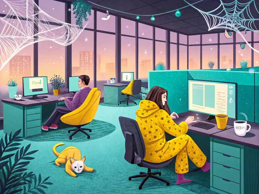 A whimsical illustration of an empty, dimly lit office space with employees working comfortably from home in pajamas.
