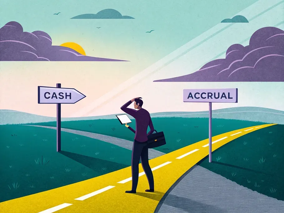 An accountant stands at a crossroads, contemplating cash vs accrual accounting with signs for 'Cash' and 'Accrual'.