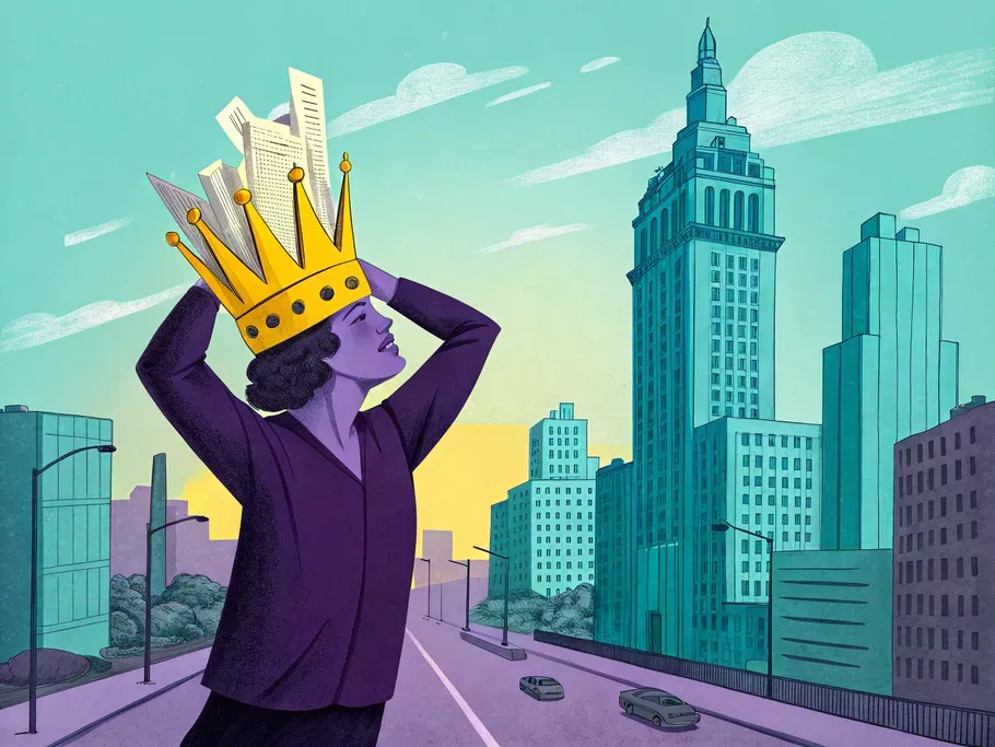 A person wearing a crown made of office supplies stands triumphantly in a blue cityscape, symbolizing control over rent expenses.
