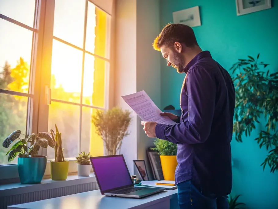 Small business owner reviewing a rent agreement in a cozy office filled with sunlight.