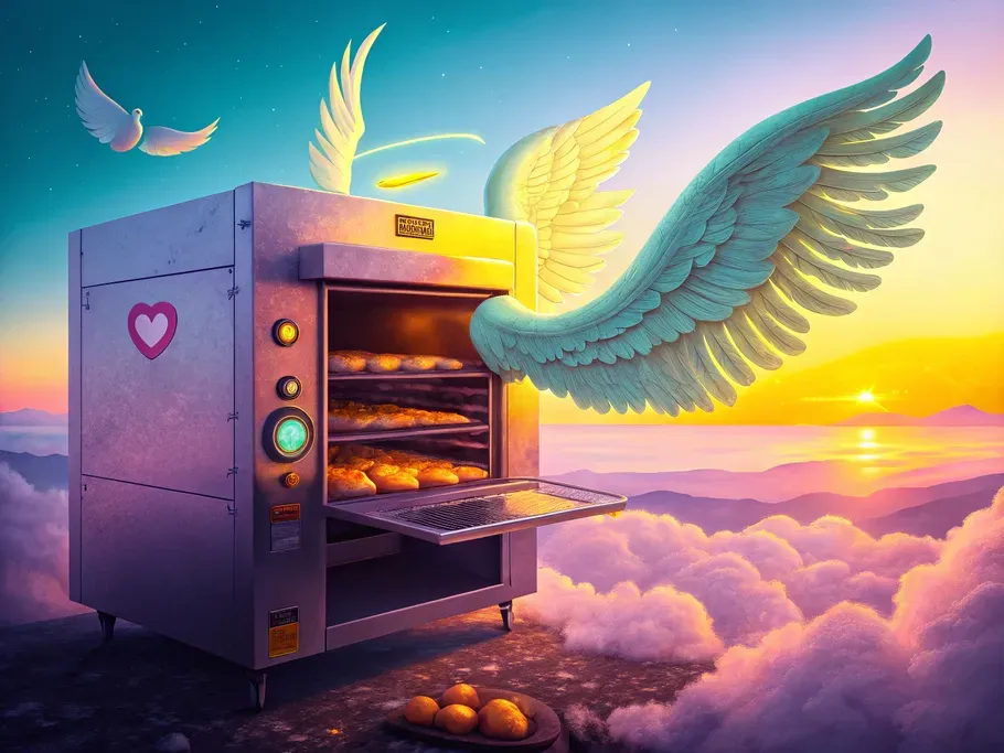 Animated bakery equipment with wings flying above the clouds symbolizing the elevation of business assets in accounting