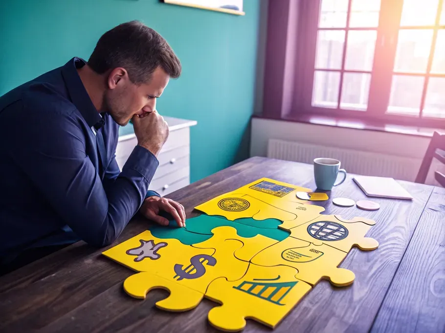 Business professional pondering over a puzzle with icons symbolizing various accounting elements like currency, globe, and charts