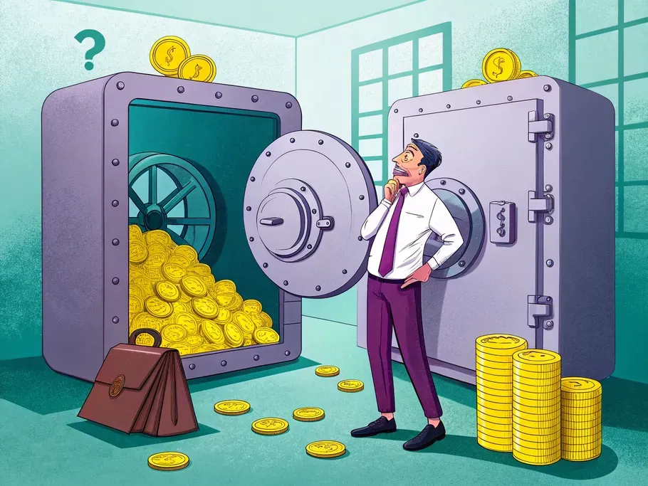 A humorous cartoon of an accountant puzzled before two giant vaults, one overflowing with coins and the other showing coins being withdrawn.