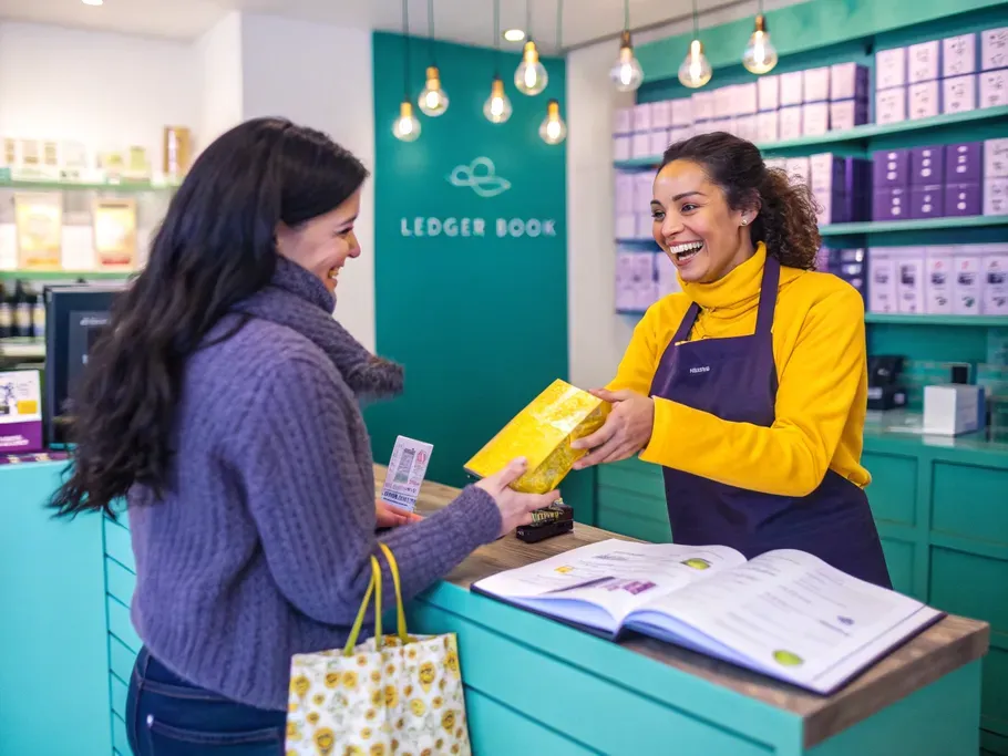 A cheerful shopkeeper handing a packaged product to a happy customer in a cozy retail store, symbolizing sales transactions.