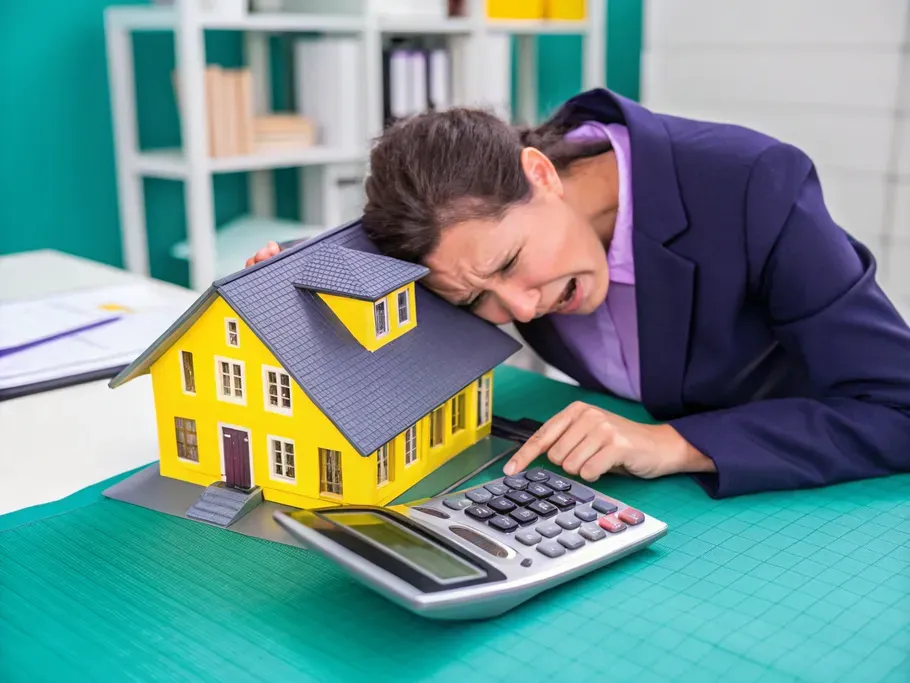 A stressed businesswoman calculating finances with a calculator and a model house, representing challenges in asset accounting for land purchase