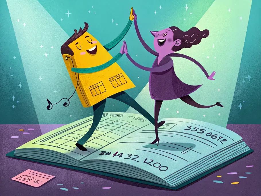 Illustration of animated characters dancing on an open ledger book, representing concepts of asset accounting and journal entries