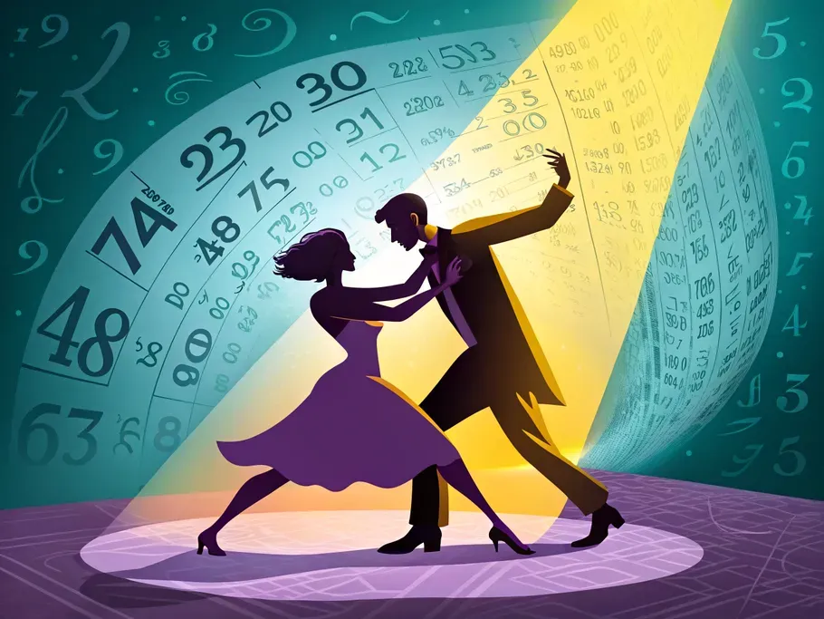 An abstract illustration of two figures representing 'Debit' and 'Credit' dancing together, symbolizing double-entry bookkeeping.
