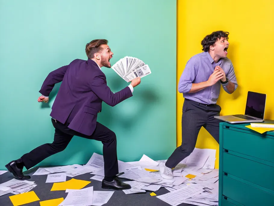 A frustrated business owner chasing a fleeing customer holding stacks of bills in a cluttered office.