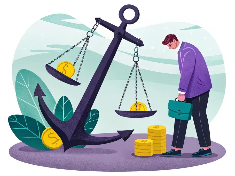 A business owner with empty pockets weighed down by a giant anchor, representing the burden of expenses.