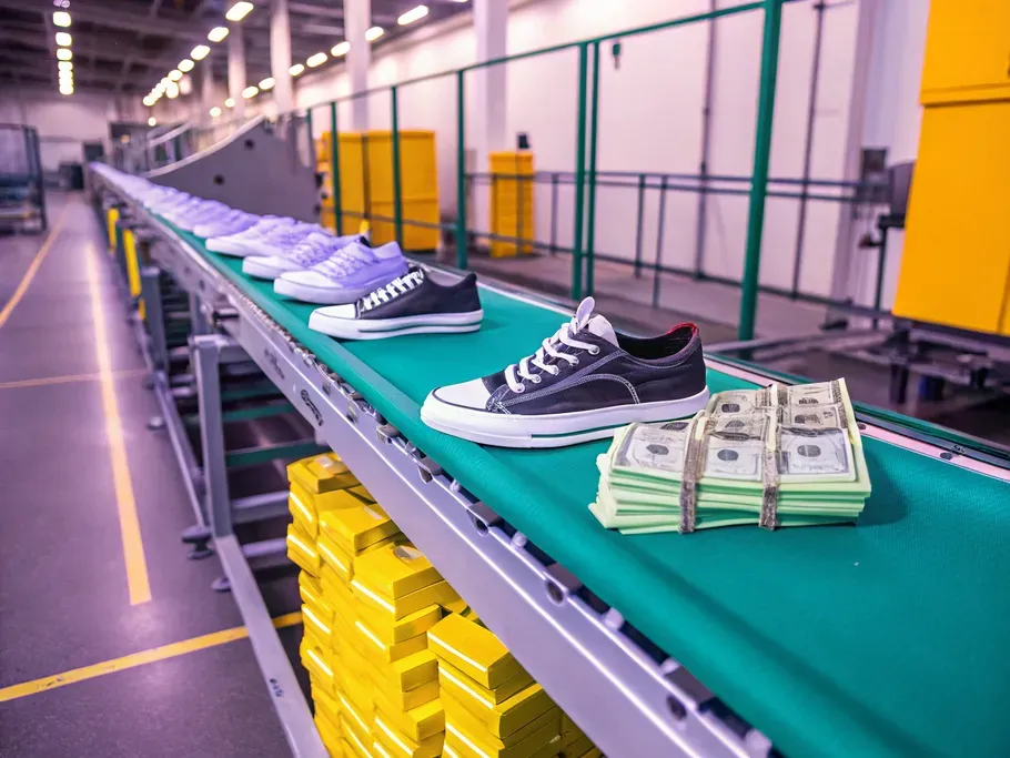 Conveyor belt in a factory displaying sneakers next to stacks of money, illustrating merchandise inventory accounting