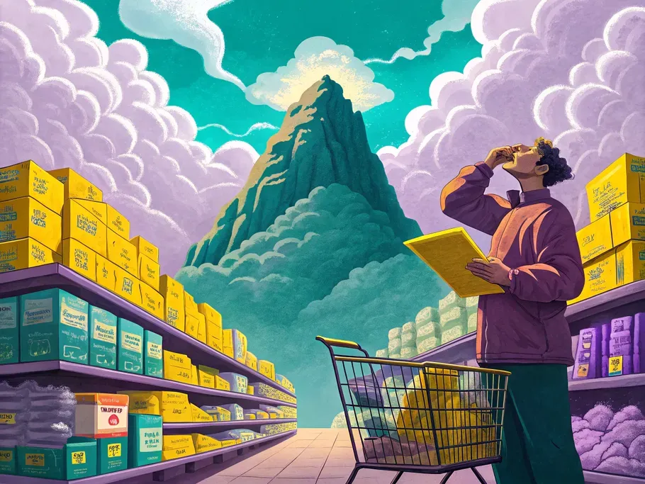 Illustration of a person in a grocery aisle, examining a clipboard with towering shelves of merchandise under a mountainous backdrop