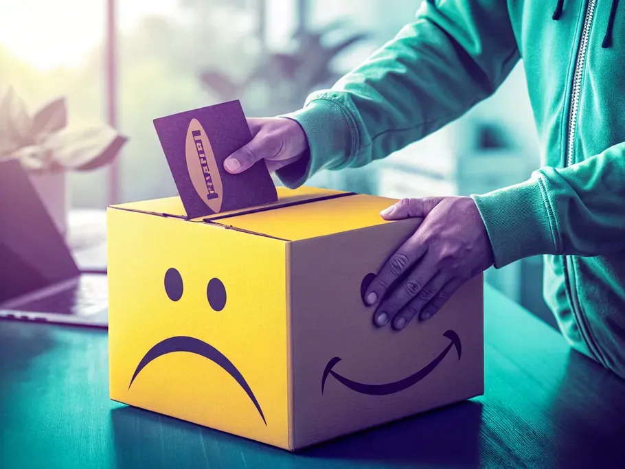 A person inserting a return label on a box with a sad face turning into a smile, symbolizing customer satisfaction through effective returns management.