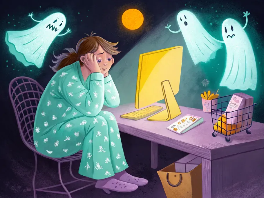 Illustration of a woman in pajamas sitting at a desk looking at a computer with three playful ghosts, symbolizing challenges in business management like sales returns and allowances.