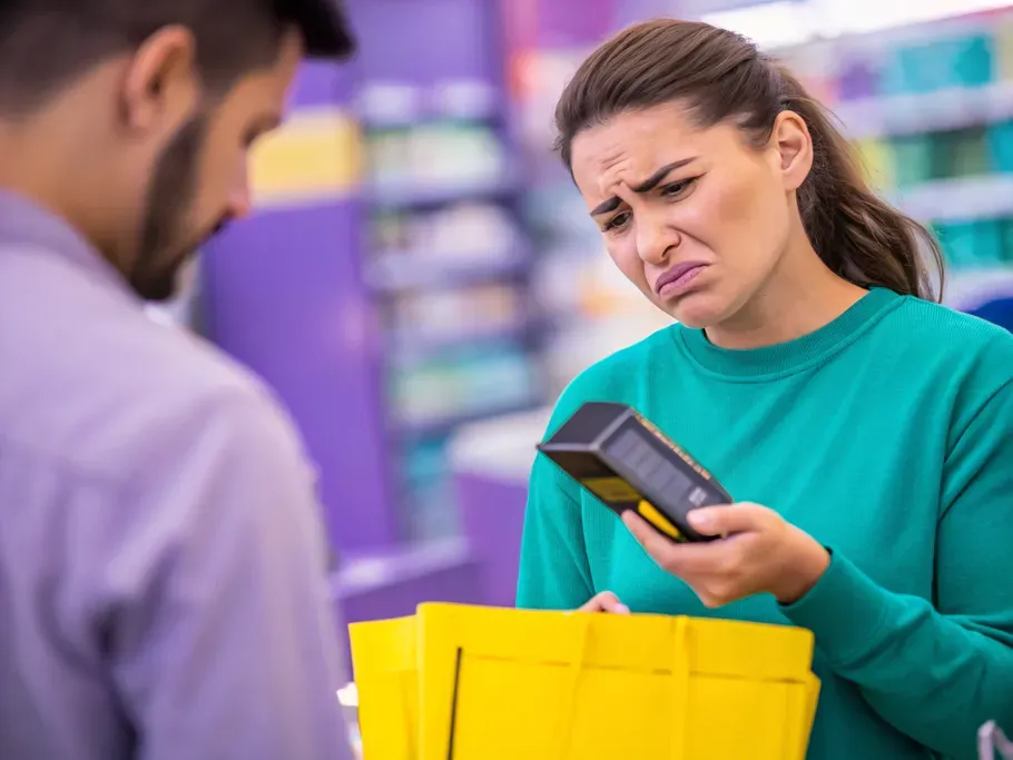 Dissatisfied female customer examining a product with a confused expression in a store