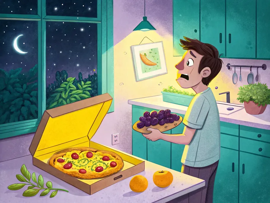 Man in a kitchen examining a pizza with surprise, showcasing unexpected differences akin to a sales return in business.