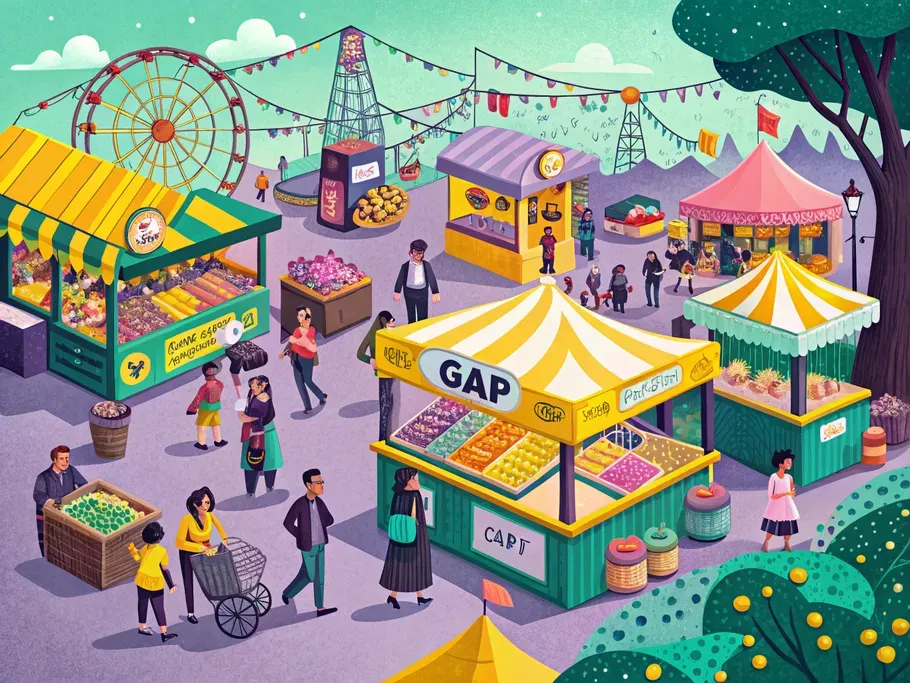 Illustration of a bustling outdoor market with various stalls labeled as GAAP, emphasizing the importance of standardized revenue recognition in business.