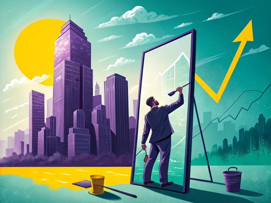 Illustration of a businessman drawing an upward trend line on a cityscape, symbolizing strategic growth and revenue recognition