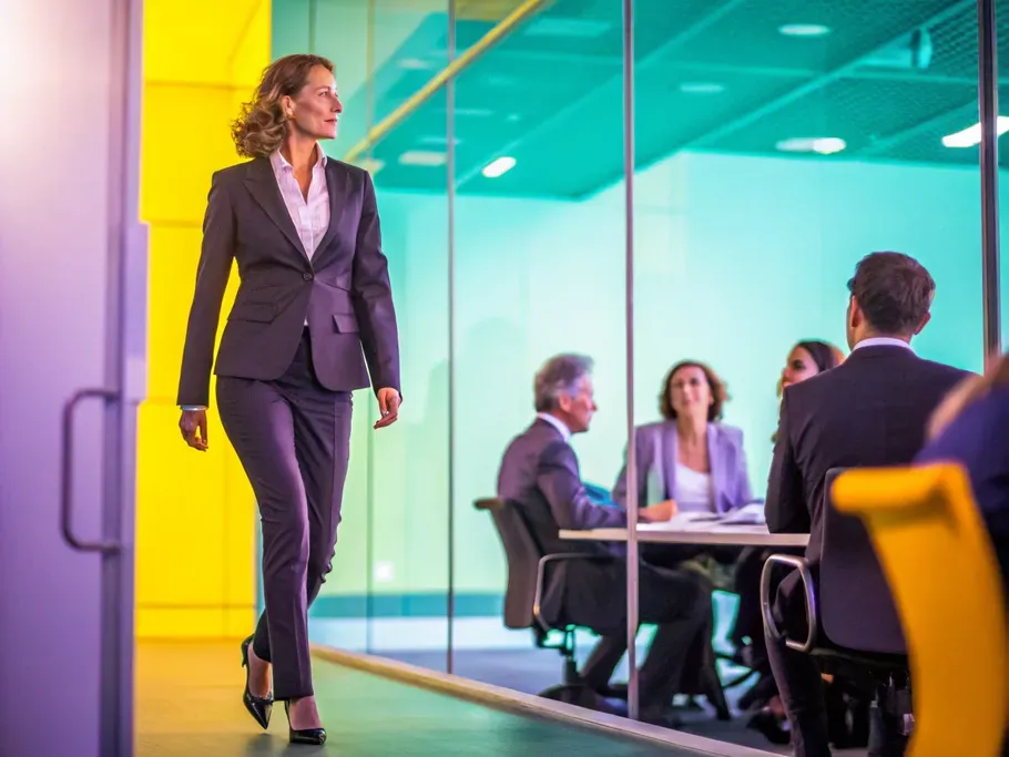 Businesswoman walking confidently in a modern office setting