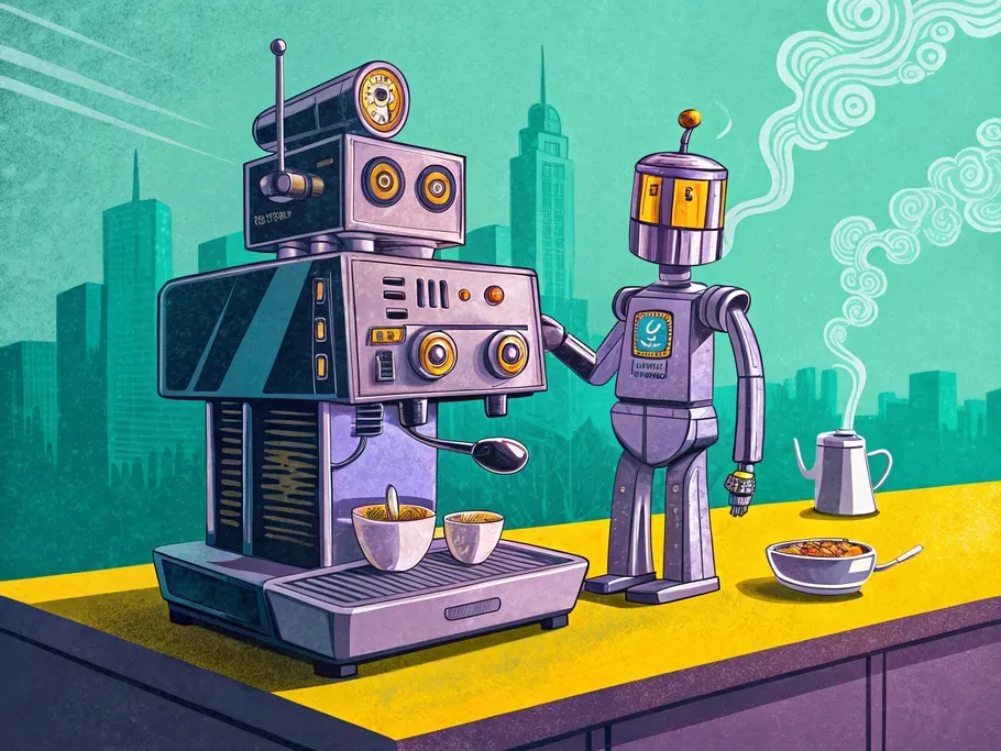 Robotic barista preparing coffee in a futuristic cityscape setting