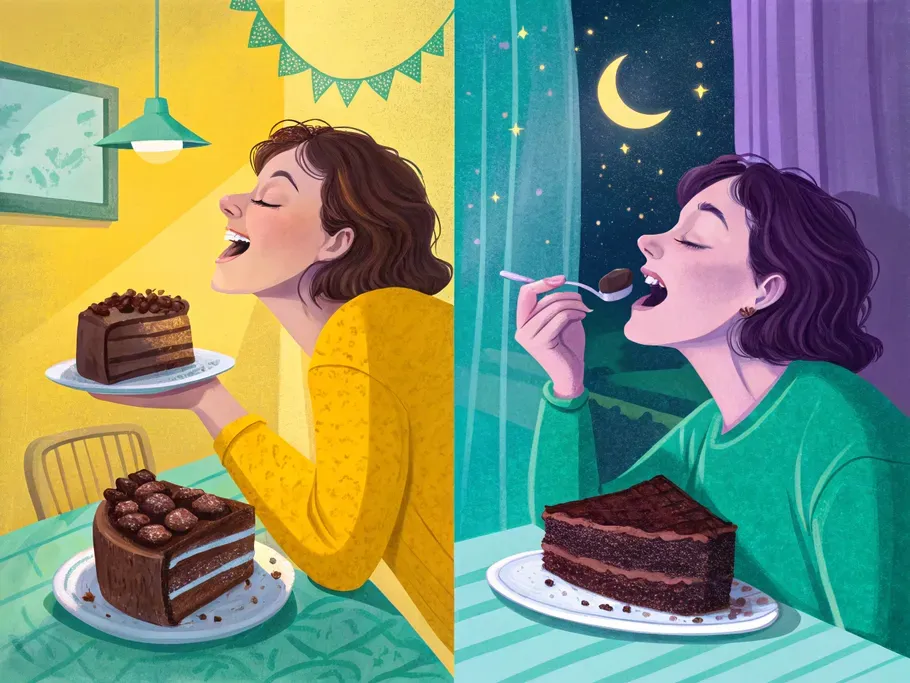 Illustration of a woman enjoying a lavish chocolate cake during the day and another scene of her enjoying cake at night, symbolizing the ongoing, depreciating value of assets over time.