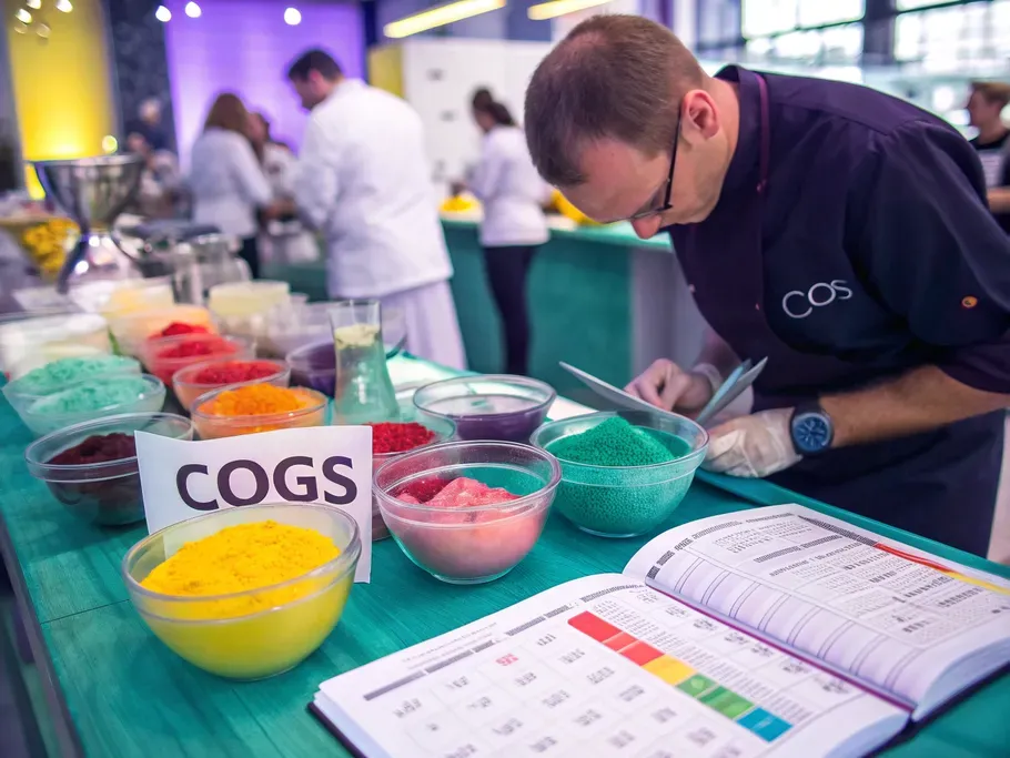 Chef inspecting detailed calculations in a workbook with colorful ingredients labeled as COGS on a table