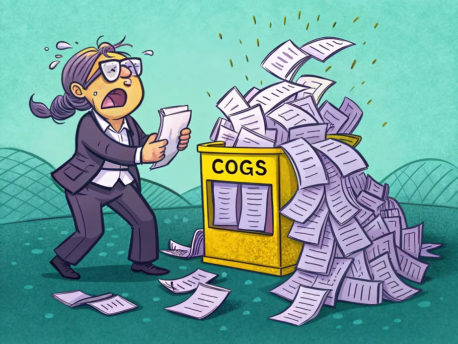 Illustration of a stressed businesswoman with papers flying around, next to an overflowing COGS bin