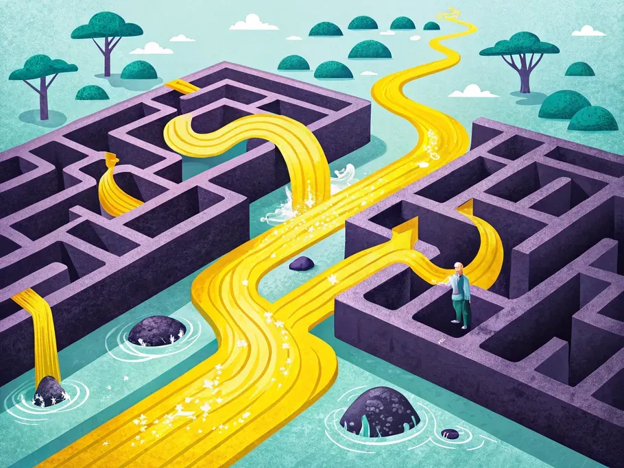Illustrative depiction of financial pathways in golden streams flowing through a labyrinth, symbolizing different types of expenses in financial statements