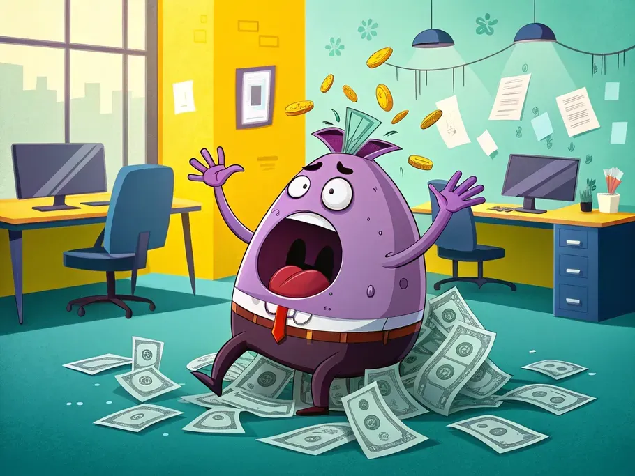 Cartoon of an anxious purple monster in an office, surrounded by floating coins and dollar bills
