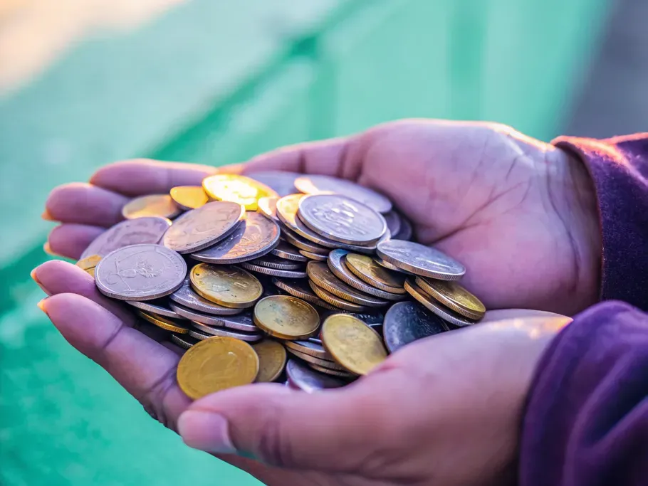 Hands holding a collection of various coins, symbolizing revenue and financial assets