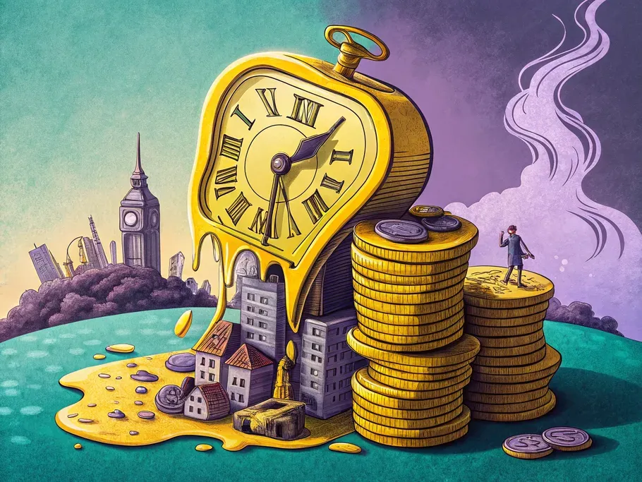 Illustrative image showing a giant clock melting over a cityscape with a businessman standing on stacks of coins, symbolizing financial concepts related to revenue in accounting