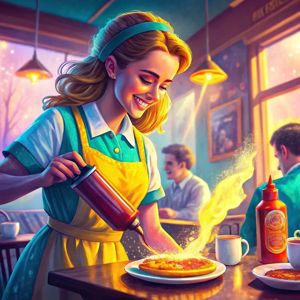 Vintage style waitress pouring coffee on a pie in a cozy diner, creating a magical effect