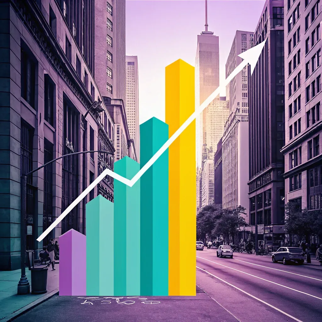 Colorful bar graph overlay on a city street scene, representing startup financial growth and risk
