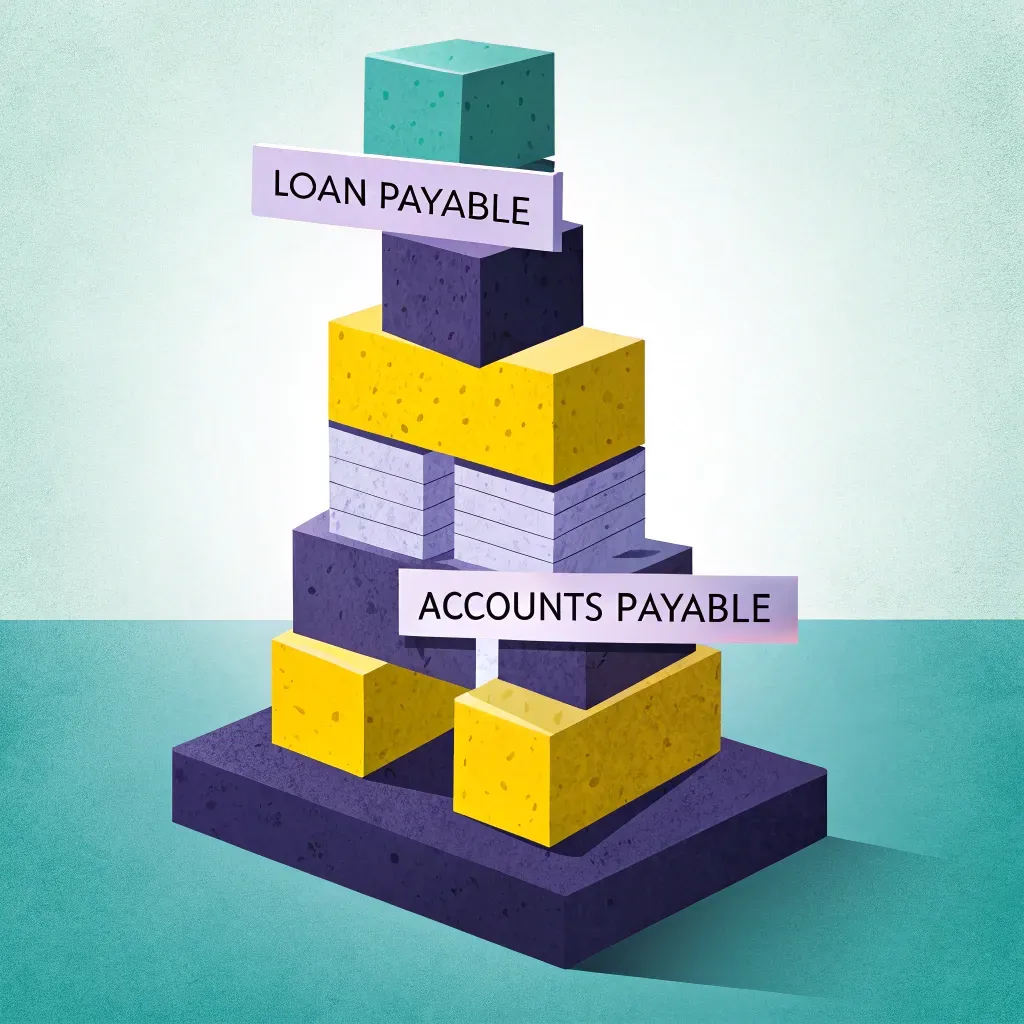 Colorful building blocks labeled with types of liabilities such as Loan Payable and Accounts Payable
