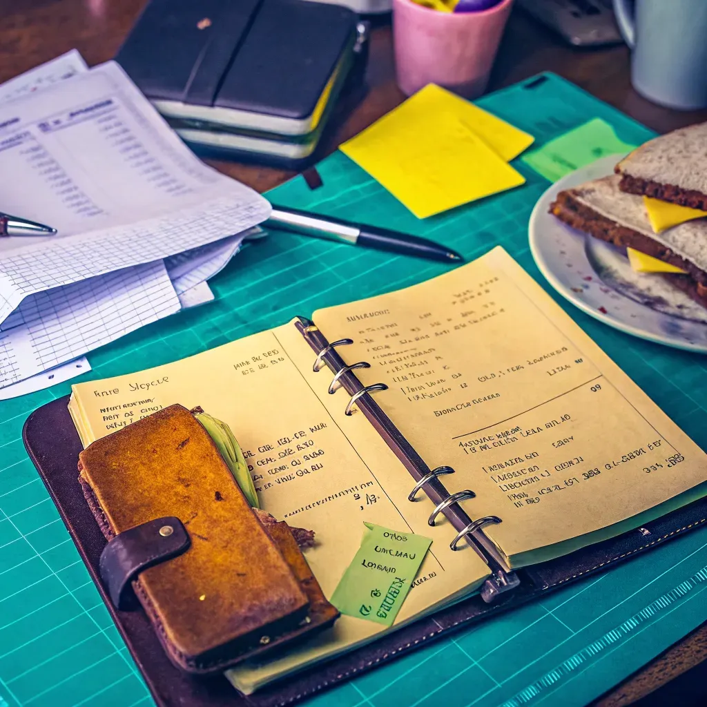 A detailed workspace with accounting notebooks, a sandwich, and financial documents spread on a desk