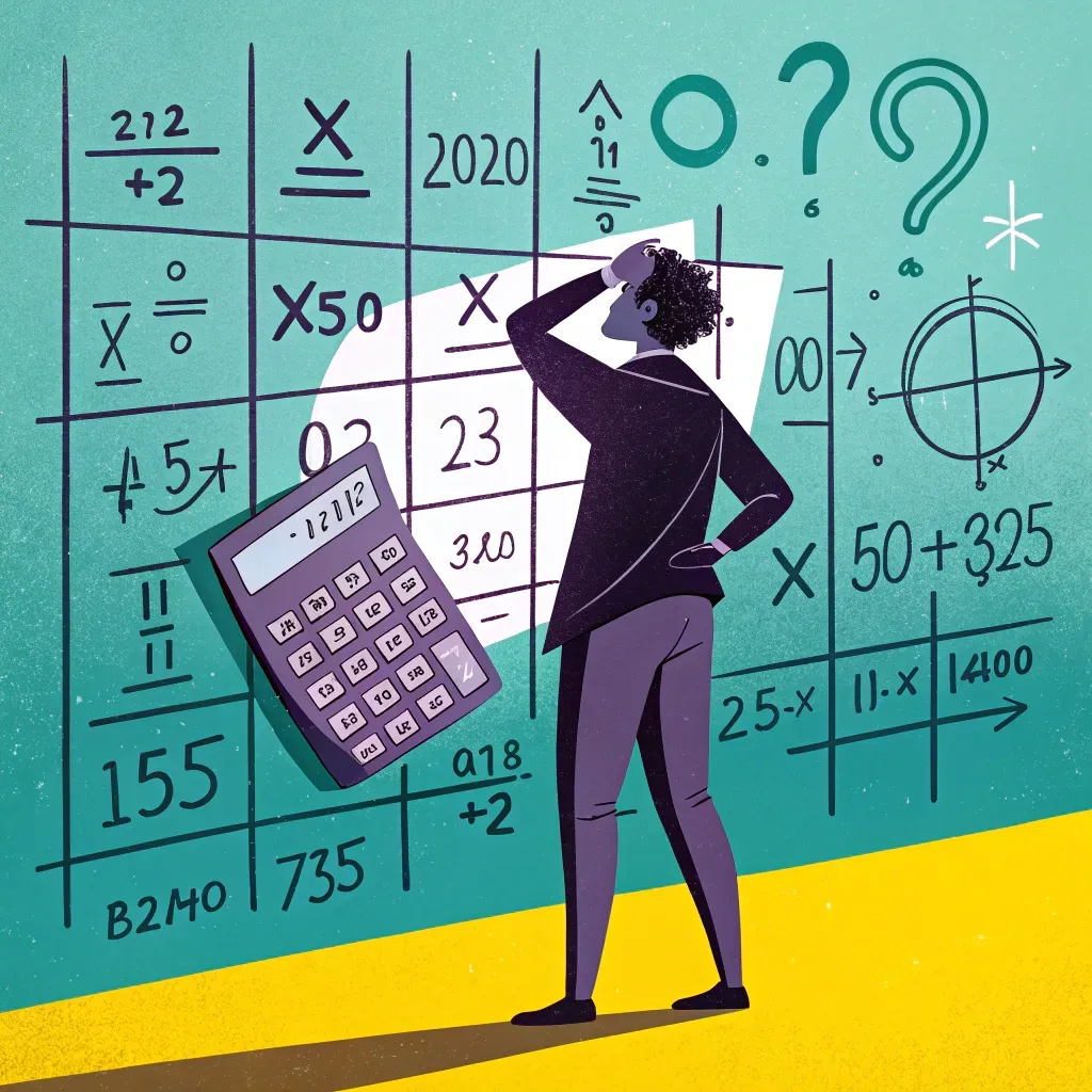 Illustration of a person puzzling over complex mathematical and financial calculations on a chalkboard