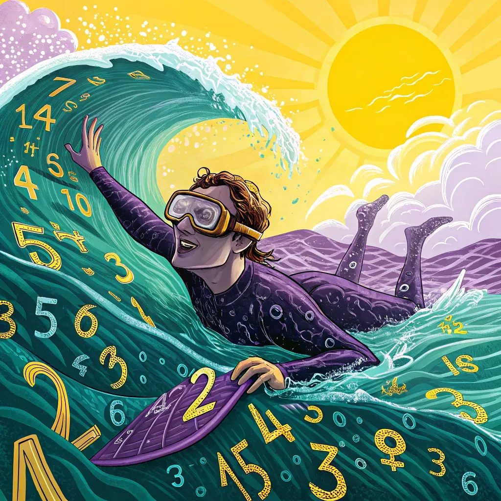Illustration of a person surfing a wave filled with numbers under a bright sun
