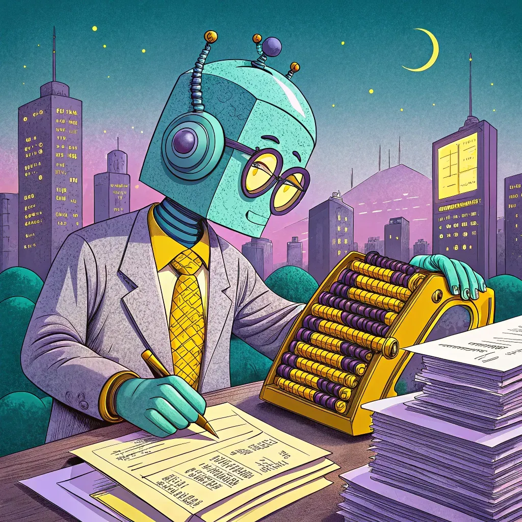 Illustration of a robot accountant working on financial documents with an abacus against a cityscape background at night