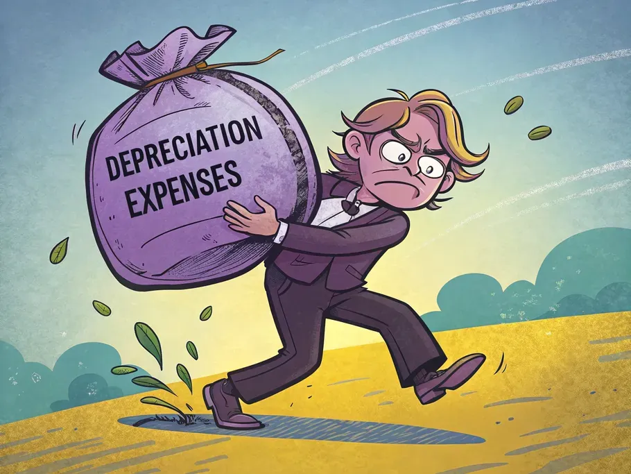 Cartoon accountant struggling to lift a heavy sack labeled 'Depreciation Expenses'.