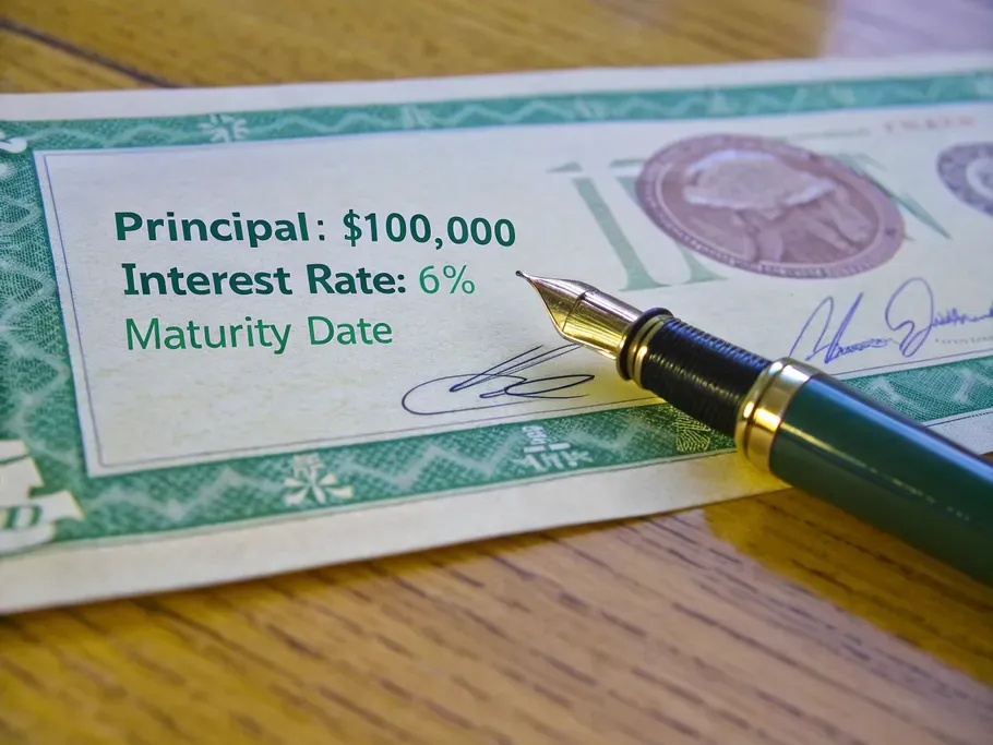 Close-up of a promissory note showing principal and interest rate with a vintage fountain pen.