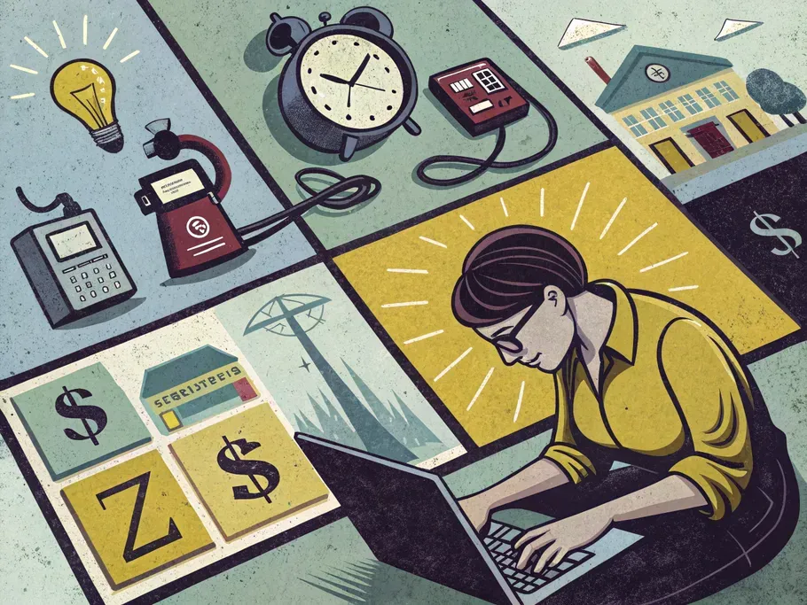 A mosaic of icons representing various accrued expenses, including a clock, utility meter, and laptop.