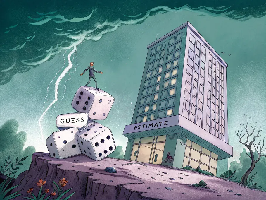 A whimsical illustration of a modern business building balanced on crumbling dice inscribed with 'Guess' and 'Estimate'.