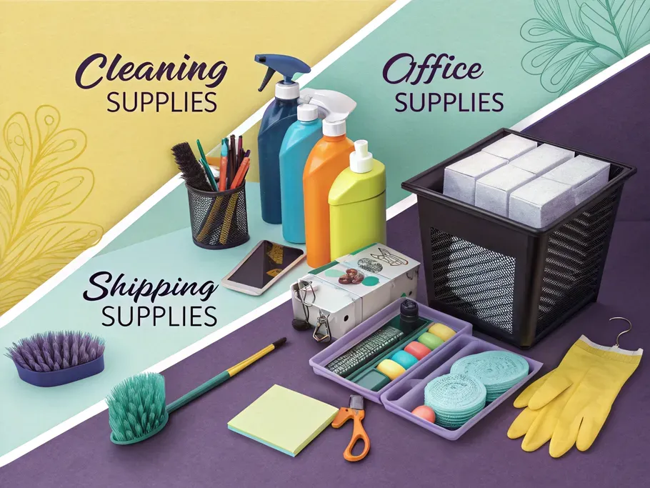 A vibrant flat-lay illustration displaying cleaning, office, and shipping supplies organized in distinct sections.