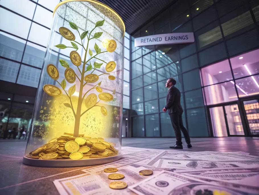 A cinematic photograph of a modern glass vault filled with golden coins and financial documents, symbolizing retained earnings.