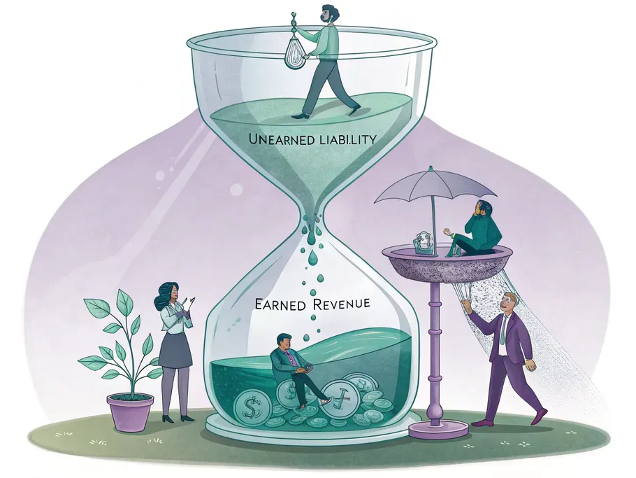 Conceptual illustration of an hourglass depicting unearned liability and earned revenue.