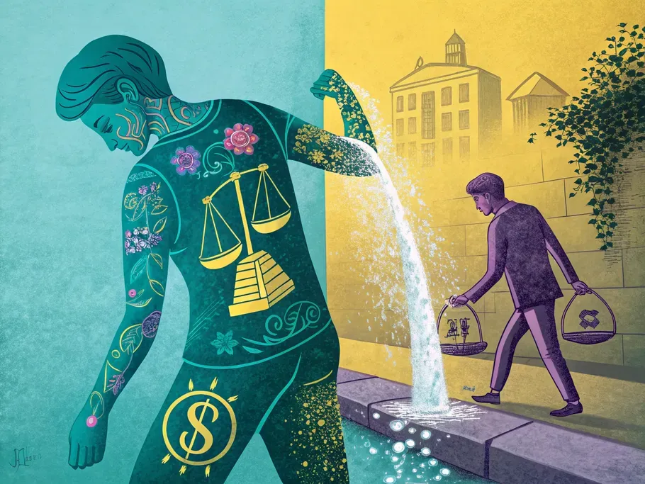 Illustration contrasting permanent tattoos representing balance sheet accounts and fading temporary tattoos symbolizing income statement accounts in accounting.