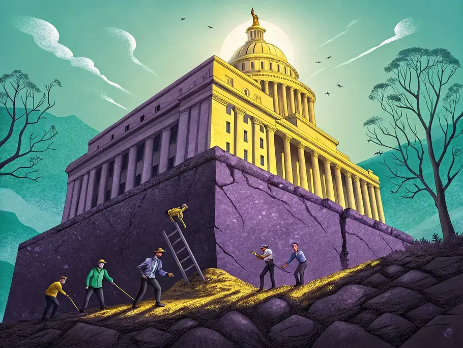 An ancient financial building with small figures of accountants reinforcing its foundation.