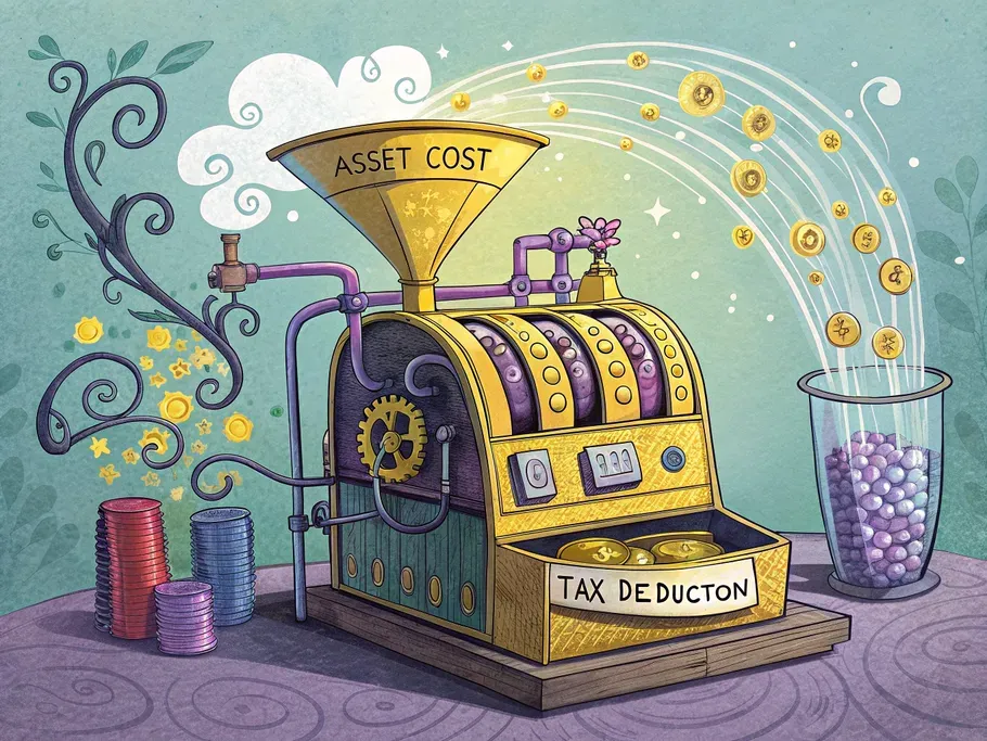 A whimsical steampunk-inspired calculating machine processing asset costs into tax deductions.